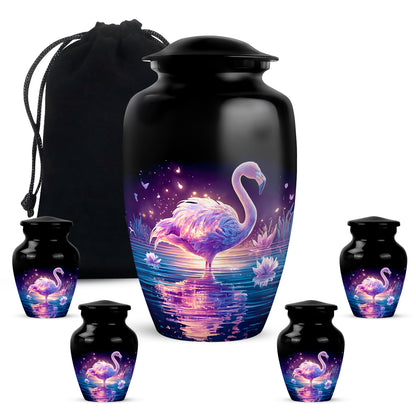 Onyx Black Flamingo Cremation Urn top-down view of secure threaded lid - elegant classic flamingo relief with fine detailing - memorial set with one large and four small urns