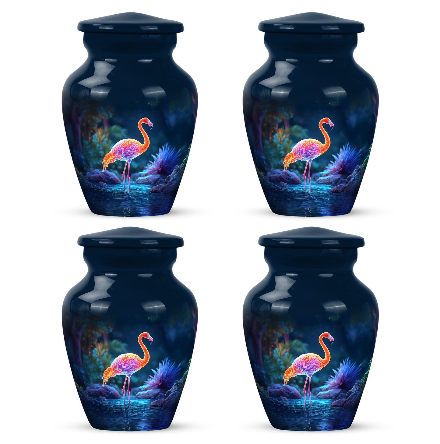 Twilight Blue Flamingo Cremation Urn side profile showing urn shape - elegant classic flamingo relief with fine detailing - 10 inch aluminum urn for cremated remains