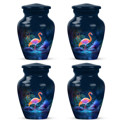 Twilight Blue Flamingo Cremation Urn side profile showing urn shape - elegant classic flamingo relief with fine detailing - 10 inch aluminum urn for cremated remains