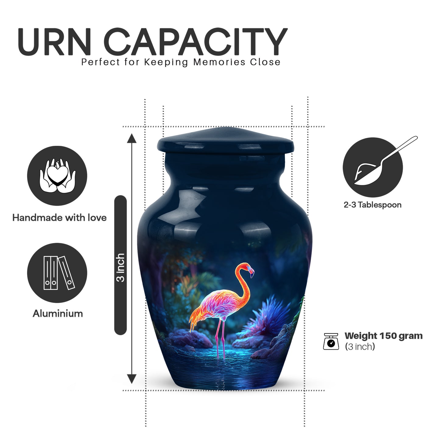Twilight Blue Flamingo Cremation Urn close-up of engraving and surface detail - traditional flamingo engraving with hand-polished finish - mini keepsake memorial for portion of cremation ashes