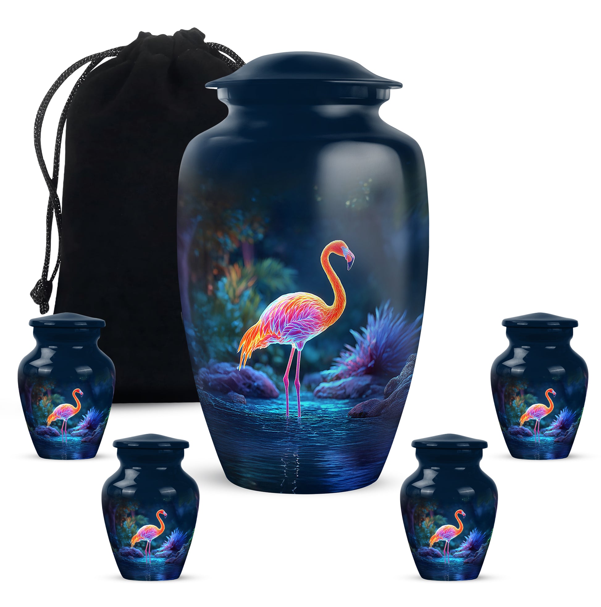 Twilight Blue Flamingo Cremation Urn top-down view of secure threaded lid - traditional flamingo engraving with hand-polished finish - memorial set with one large and four small urns