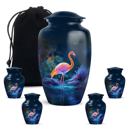 Twilight Blue Flamingo Cremation Urn top-down view of secure threaded lid - traditional flamingo engraving with hand-polished finish - memorial set with one large and four small urns