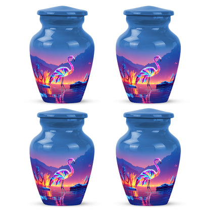 Cornflower Blue Flamingo Cremation Urn side profile showing urn shape - traditional flamingo engraving with hand-polished finish - 10 inch aluminum urn for cremated remains