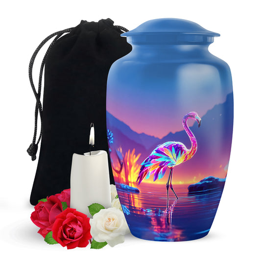 Calming Blue Flamingo Cremation Urn angled view of lid and engraved motif - elegant classic flamingo relief with fine detailing - full-size 10 inch 200 cubic inch adult cremation urn