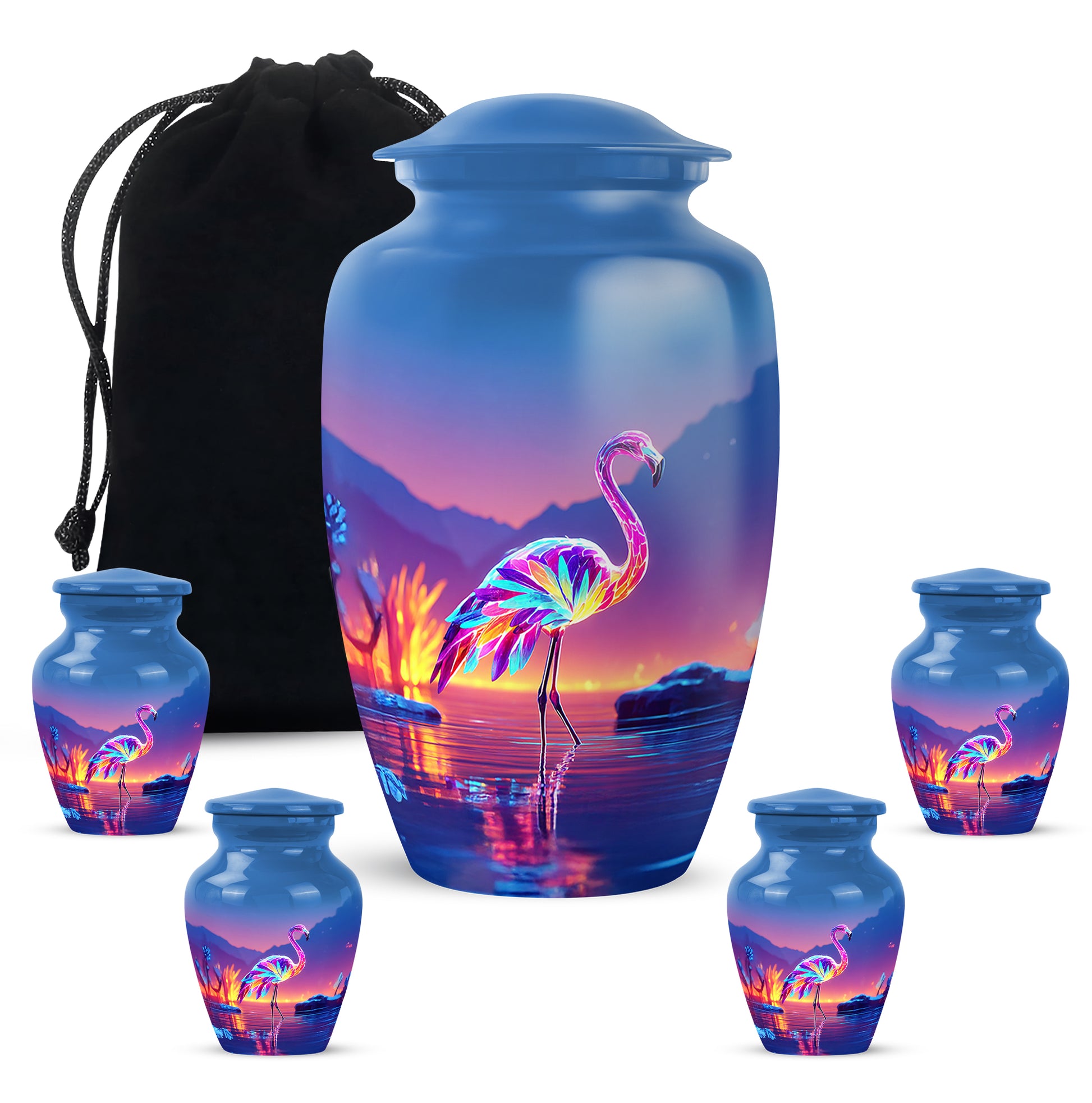 Navy Blue Flamingo Cremation Urn top-down view of secure threaded lid - timeless flamingo motif etched into premium metal - memorial set with one large and four small urns
