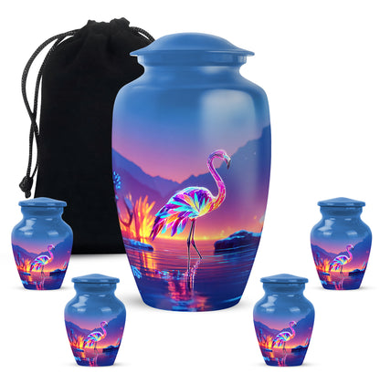 Navy Blue Flamingo Cremation Urn top-down view of secure threaded lid - timeless flamingo motif etched into premium metal - memorial set with one large and four small urns