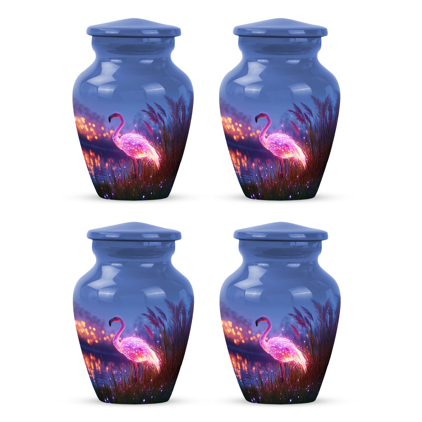 Dusty Blue Flamingo Cremation Urn side profile showing urn shape - timeless flamingo motif etched into premium metal - 10 inch aluminum urn for cremated remains
