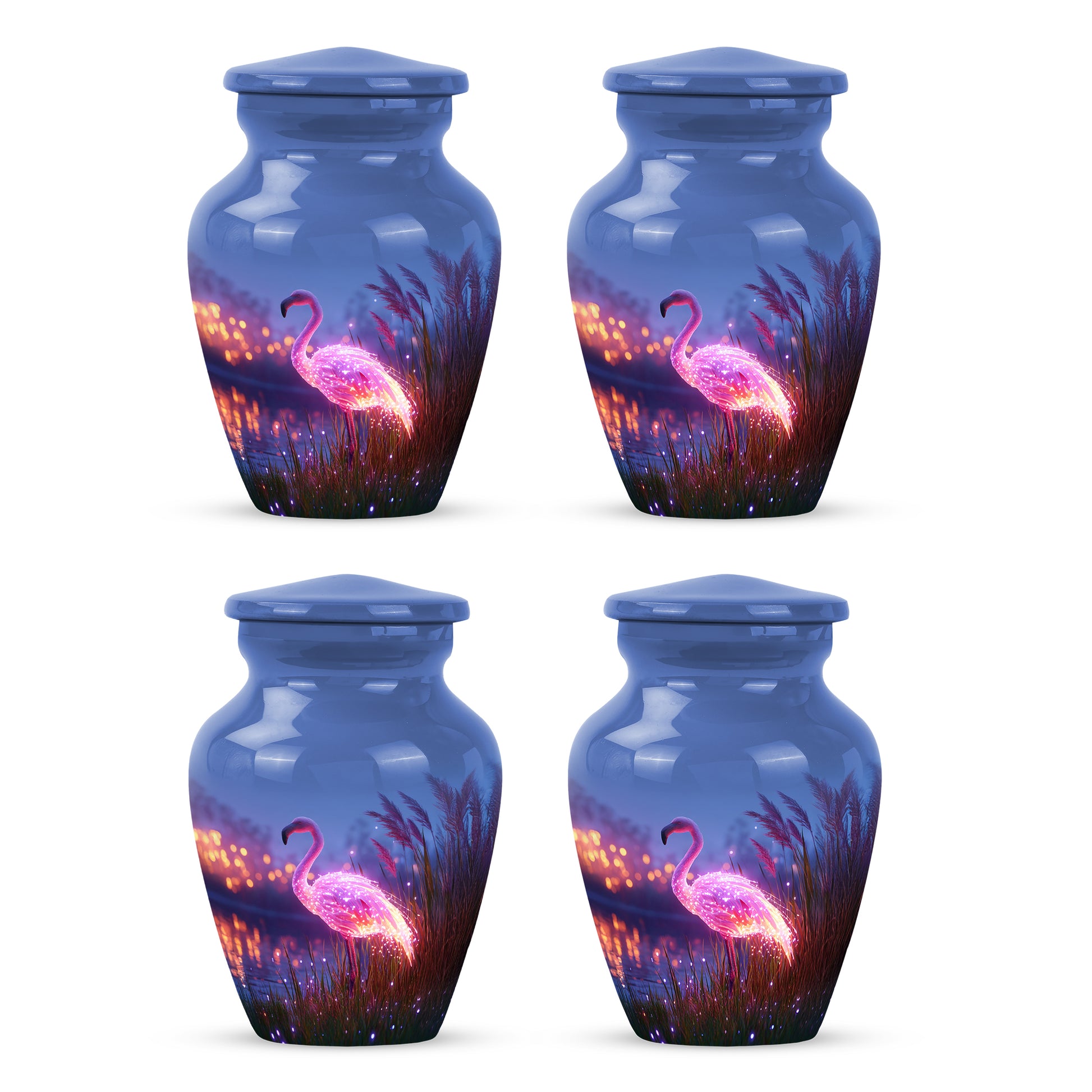 Dusty Blue Flamingo Cremation Urn side profile showing urn shape - timeless flamingo motif etched into premium metal - 10 inch aluminum urn for cremated remains