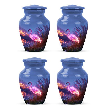 Dusty Blue Flamingo Cremation Urn side profile showing urn shape - timeless flamingo motif etched into premium metal - 10 inch aluminum urn for cremated remains