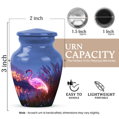 Azure Flamingo Cremation Urn close-up of engraving and surface detail - timeless flamingo motif etched into premium metal - mini keepsake memorial for portion of cremation ashes