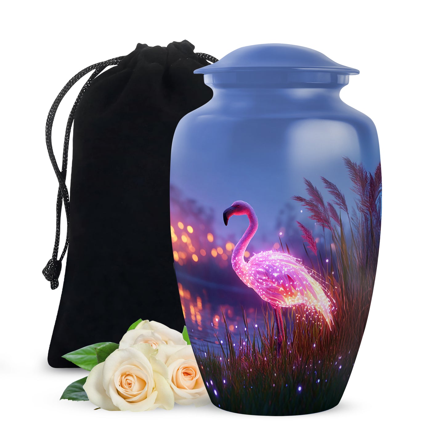 Twilight Blue Flamingo Cremation Urn angled view of lid and engraved motif - elegant classic flamingo relief with fine detailing - full-size 10 inch 200 cubic inch adult cremation urn