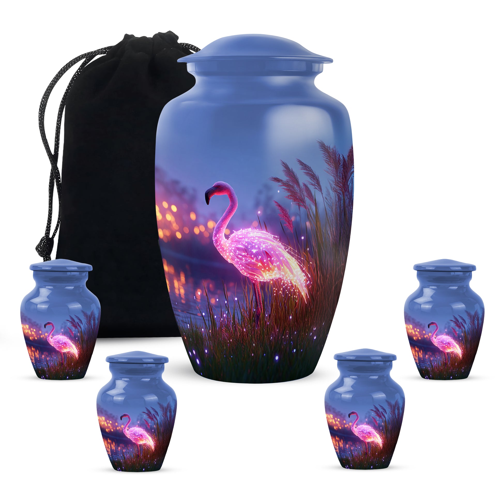 Powder Blue Flamingo Cremation Urn top-down view of secure threaded lid - classic sculpted flamingo pattern on smooth aluminum - memorial set with one large and four small urns