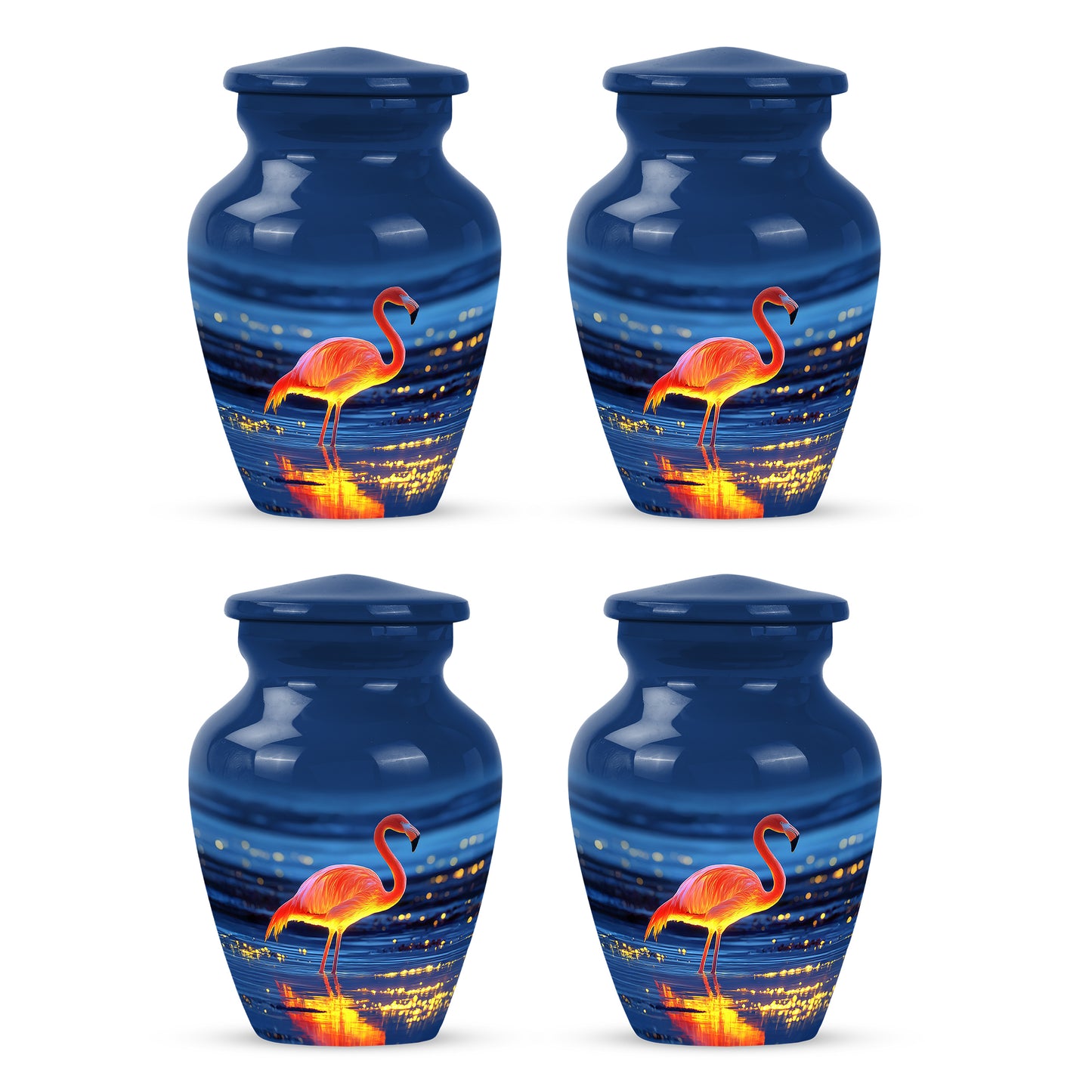Royal Blue Flamingo Cremation Urn side profile showing urn shape - elegant classic flamingo relief with fine detailing - 10 inch aluminum urn for cremated remains