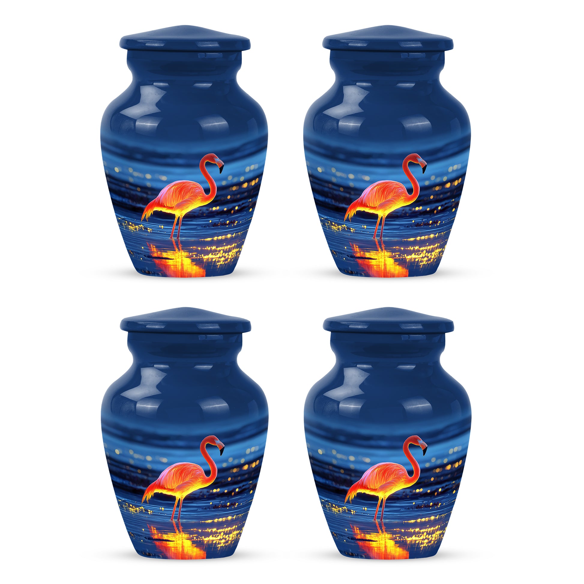 Royal Blue Flamingo Cremation Urn side profile showing urn shape - elegant classic flamingo relief with fine detailing - 10 inch aluminum urn for cremated remains