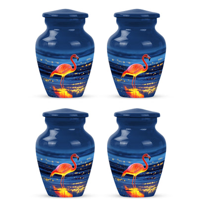Royal Blue Flamingo Cremation Urn side profile showing urn shape - elegant classic flamingo relief with fine detailing - 10 inch aluminum urn for cremated remains
