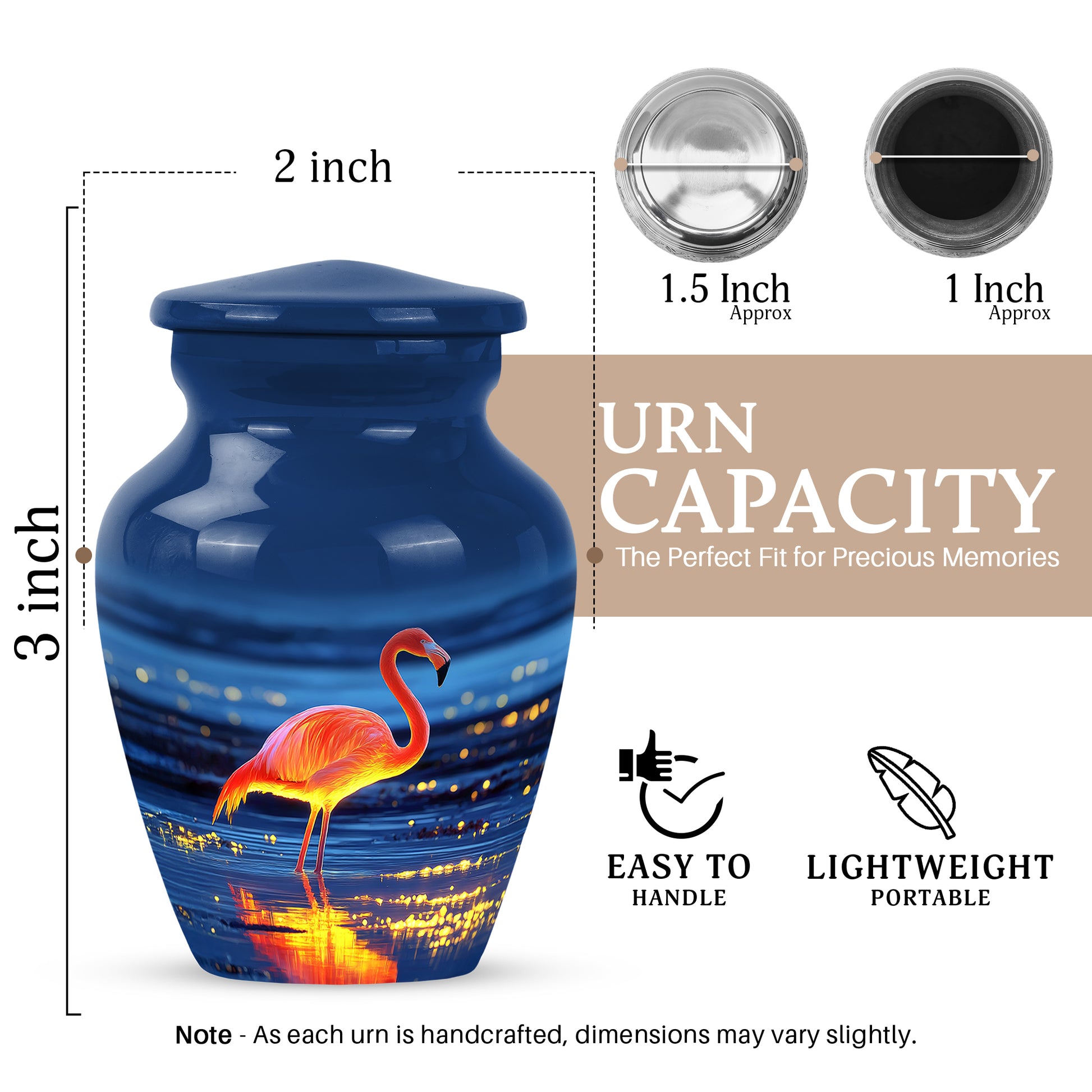 Celestial Blue Flamingo Cremation Urn close-up of engraving and surface detail - timeless flamingo motif etched into premium metal - mini keepsake memorial for portion of cremation ashes