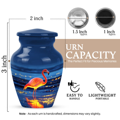 Celestial Blue Flamingo Cremation Urn close-up of engraving and surface detail - timeless flamingo motif etched into premium metal - mini keepsake memorial for portion of cremation ashes