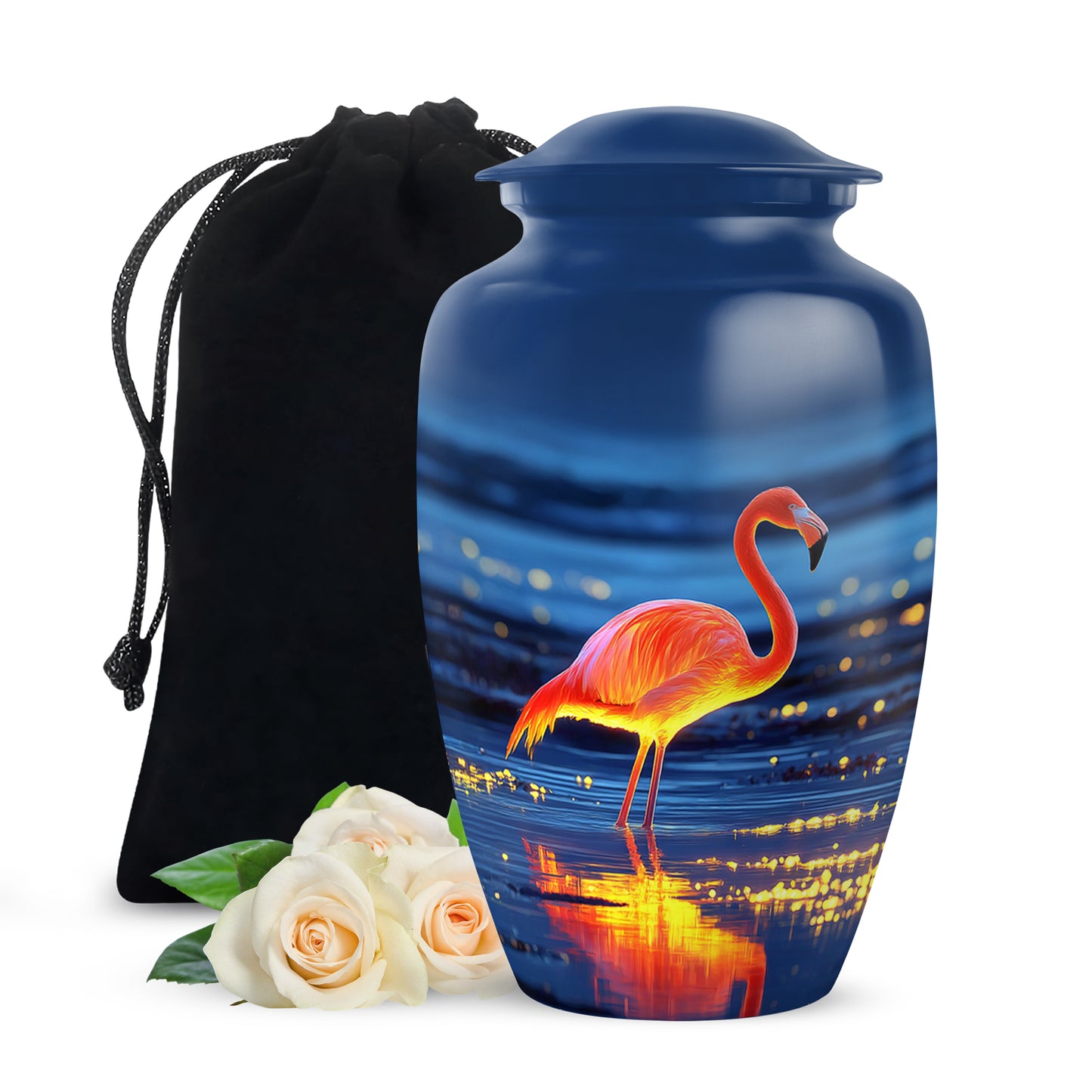 Dusty Blue Flamingo Cremation Urn angled view of lid and engraved motif - timeless flamingo motif etched into premium metal - full-size 10 inch 200 cubic inch adult cremation urn