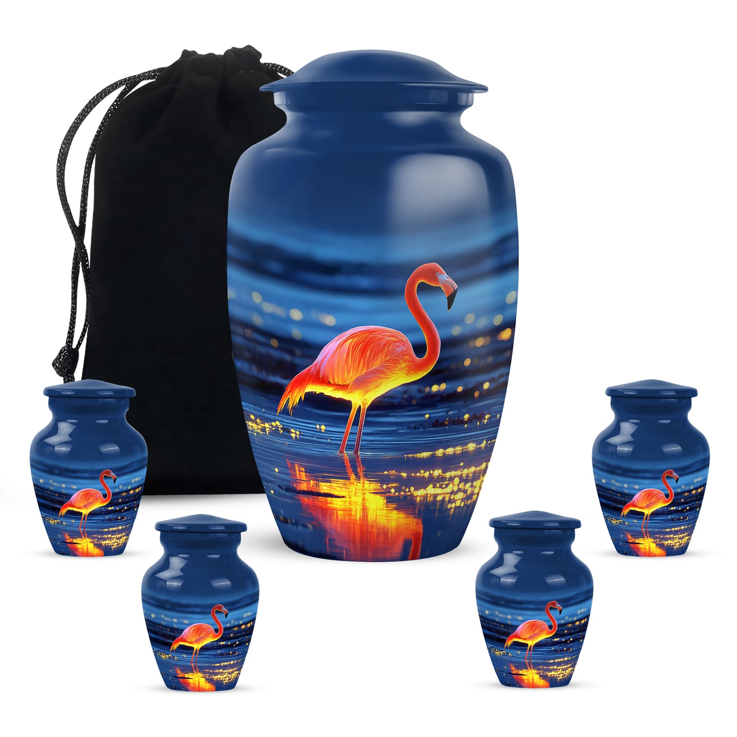 Celestial Blue Flamingo Cremation Urn top-down view of secure threaded lid - timeless flamingo motif etched into premium metal - memorial set with one large and four small urns