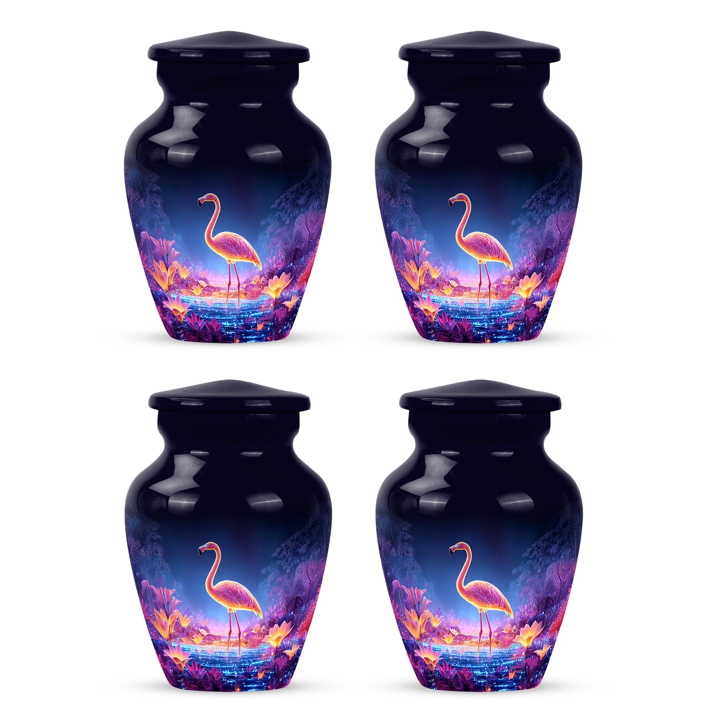 Vivid Blue Flamingo Cremation Urn side profile showing urn shape - traditional flamingo engraving with hand-polished finish - 10 inch aluminum urn for cremated remains