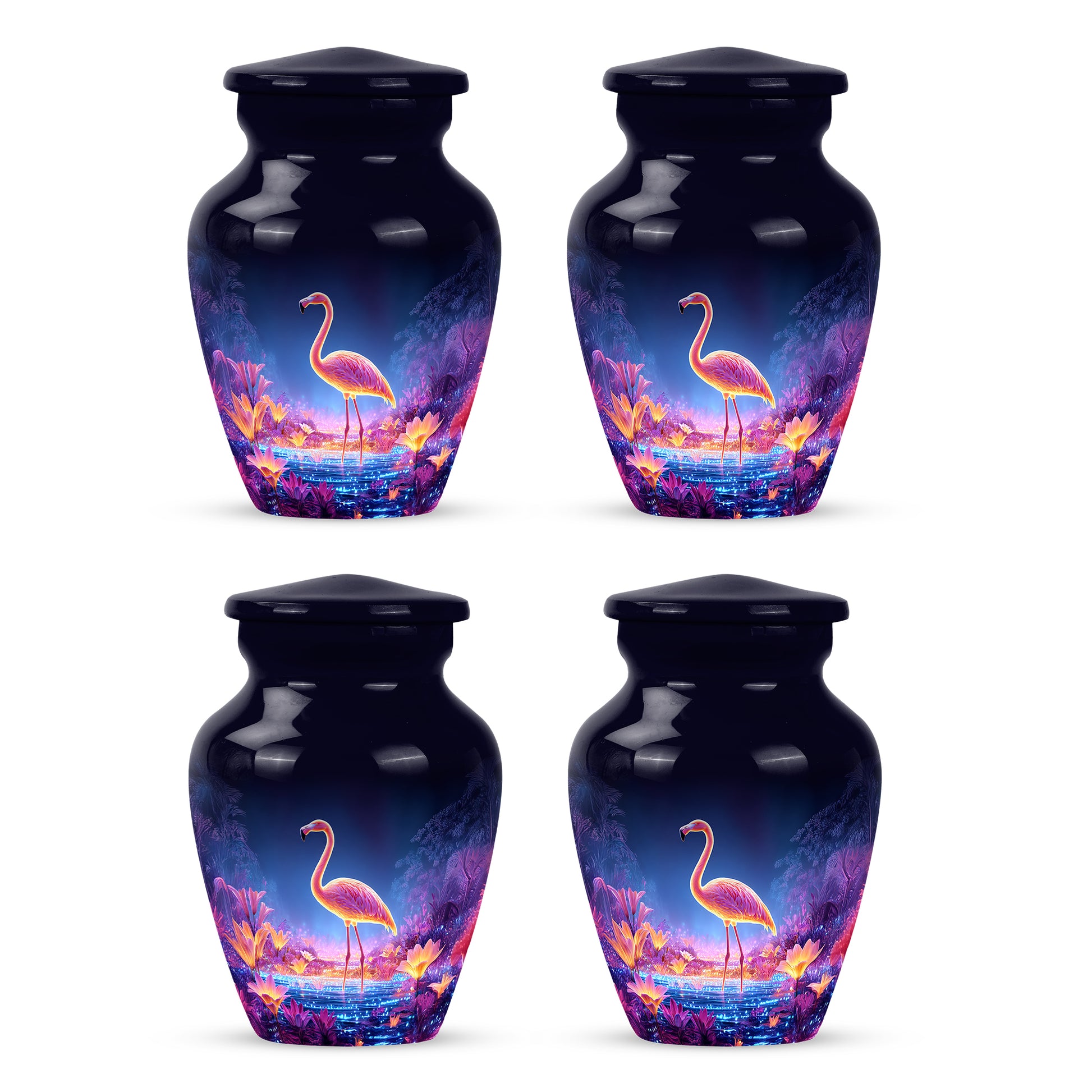Vivid Blue Flamingo Cremation Urn side profile showing urn shape - traditional flamingo engraving with hand-polished finish - 10 inch aluminum urn for cremated remains