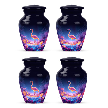 Vivid Blue Flamingo Cremation Urn side profile showing urn shape - traditional flamingo engraving with hand-polished finish - 10 inch aluminum urn for cremated remains