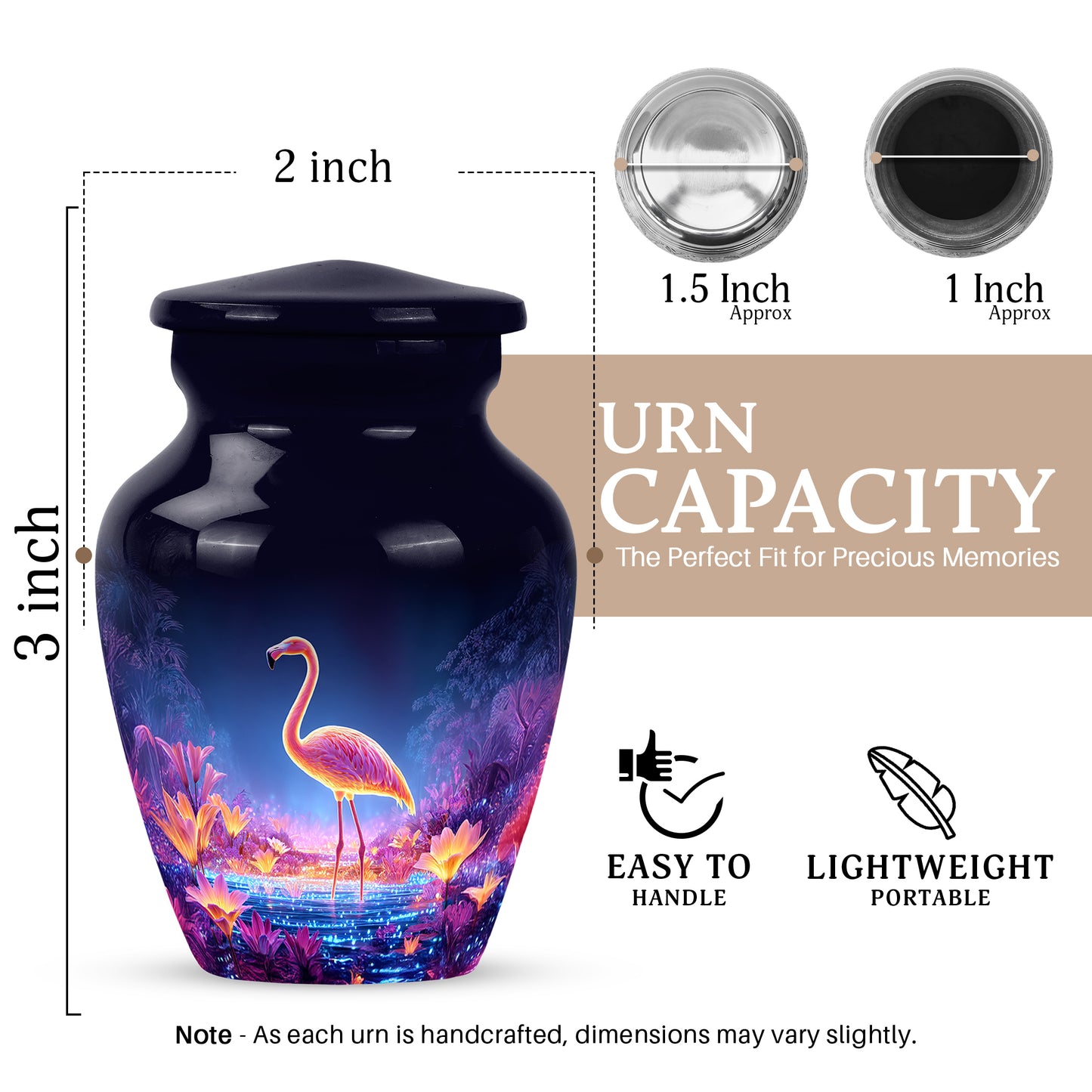 Soft Blue Flamingo Cremation Urn close-up of engraving and surface detail - traditional flamingo engraving with hand-polished finish - mini keepsake memorial for portion of cremation ashes