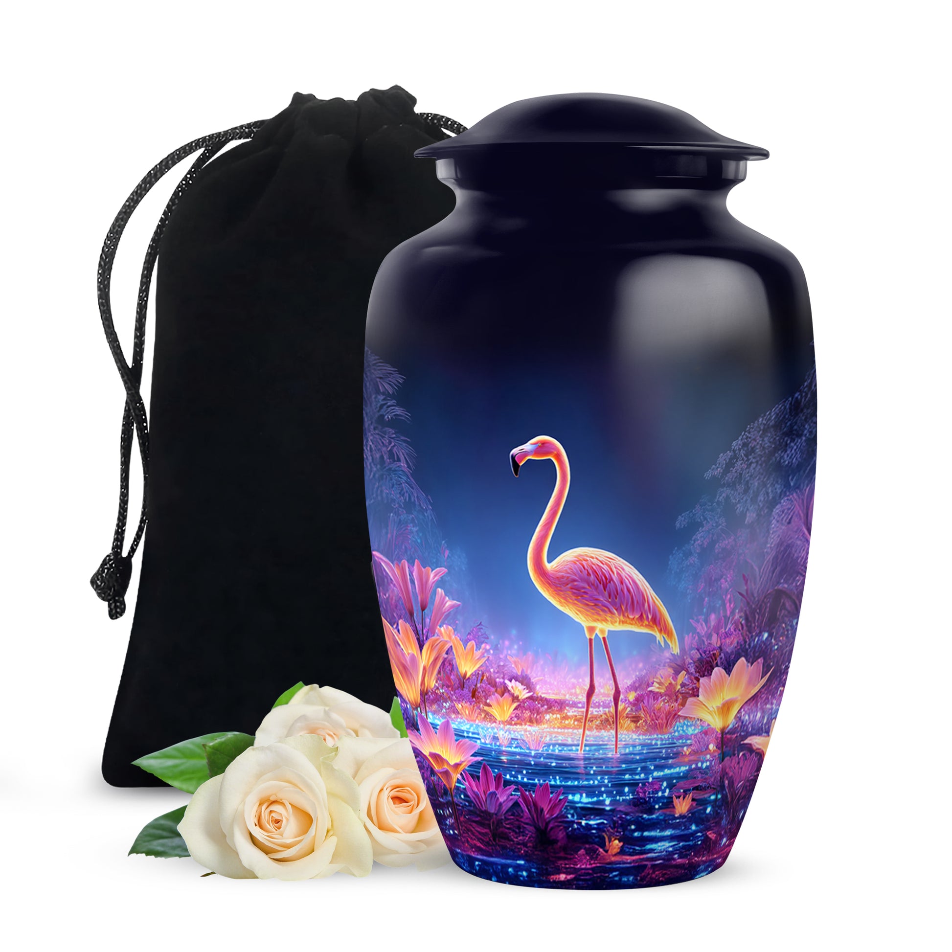 Pastel Blue Flamingo Cremation Urn angled view of lid and engraved motif - classic sculpted flamingo pattern on smooth aluminum - full-size 10 inch 200 cubic inch adult cremation urn