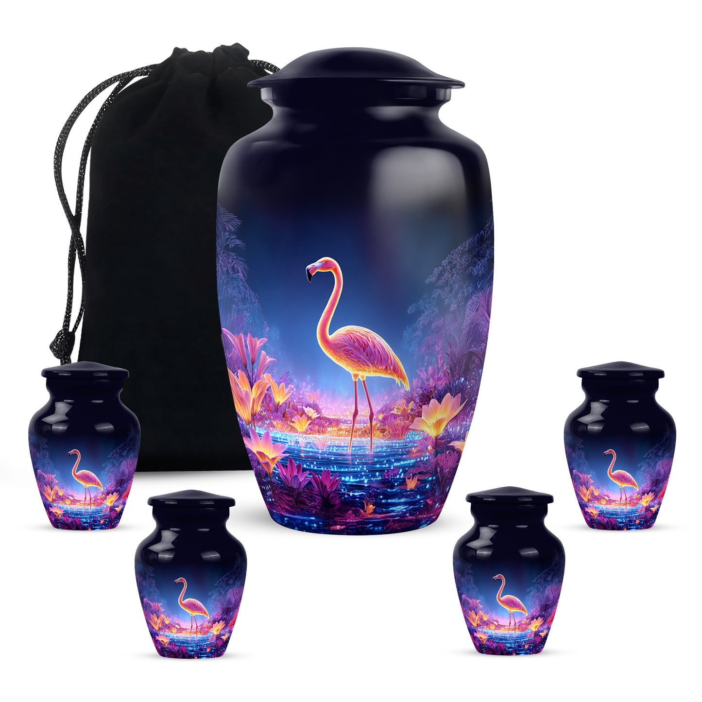 Azure Flamingo Cremation Urn top-down view of secure threaded lid - classic sculpted flamingo pattern on smooth aluminum - memorial set with one large and four small urns