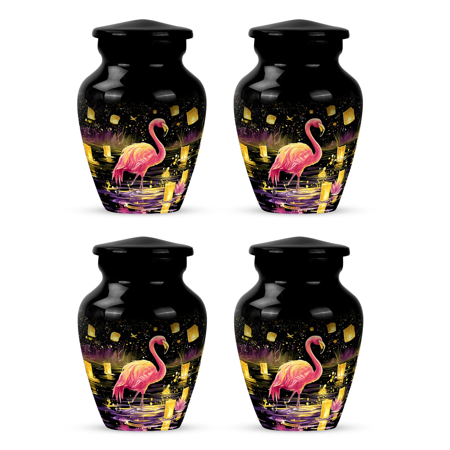 Onyx Black Flamingo Cremation Urn side profile showing urn shape - traditional flamingo engraving with hand-polished finish - 10 inch aluminum urn for cremated remains