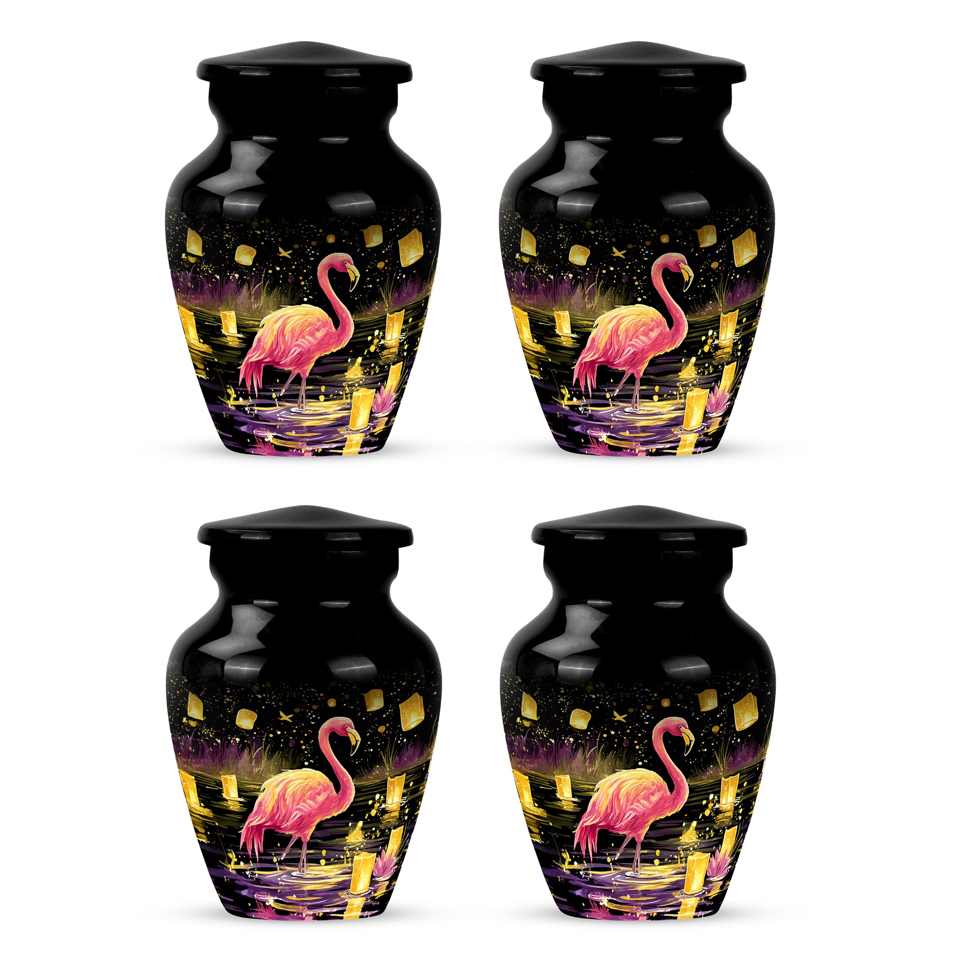 Onyx Black Flamingo Cremation Urn side profile showing urn shape - traditional flamingo engraving with hand-polished finish - 10 inch aluminum urn for cremated remains