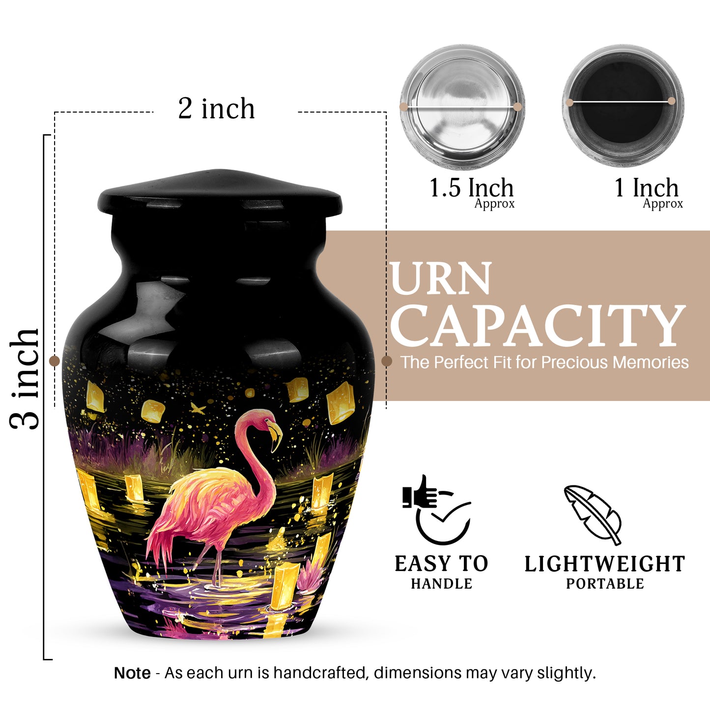 Glossy Black Flamingo Cremation Urn close-up of engraving and surface detail - timeless flamingo motif etched into premium metal - mini keepsake memorial for portion of cremation ashes