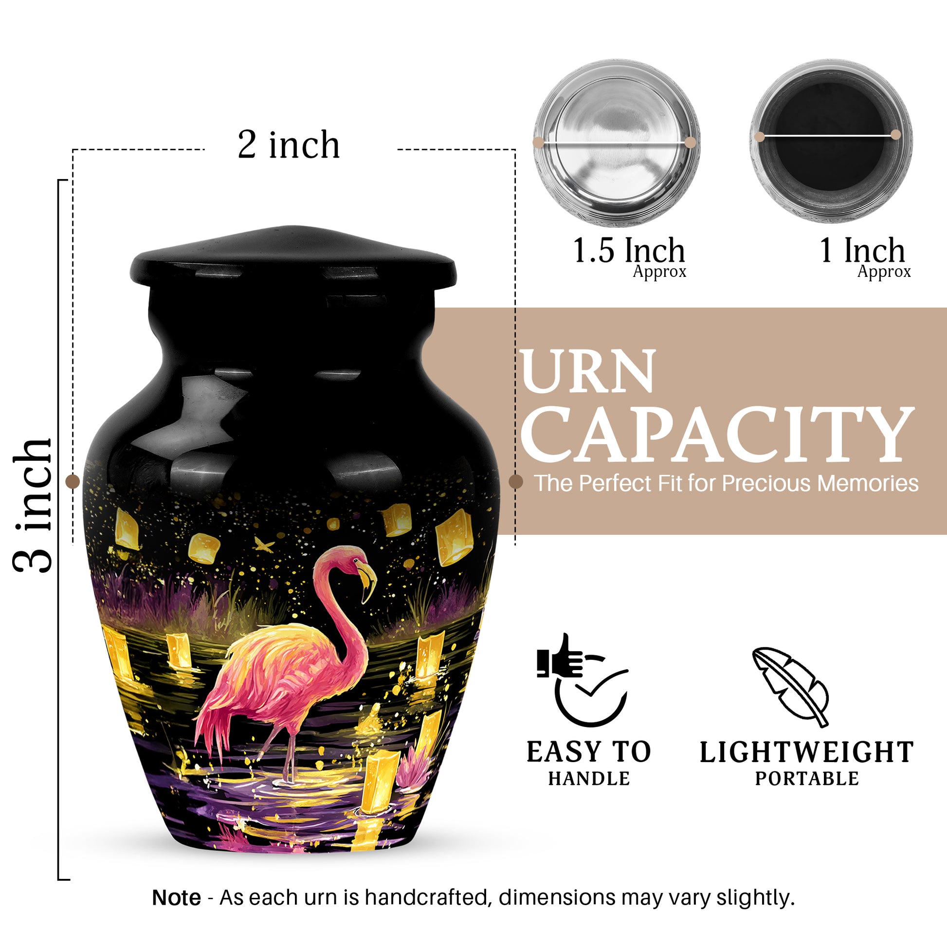 Glossy Black Flamingo Cremation Urn close-up of engraving and surface detail - timeless flamingo motif etched into premium metal - mini keepsake memorial for portion of cremation ashes
