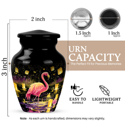 Glossy Black Flamingo Cremation Urn close-up of engraving and surface detail - timeless flamingo motif etched into premium metal - mini keepsake memorial for portion of cremation ashes