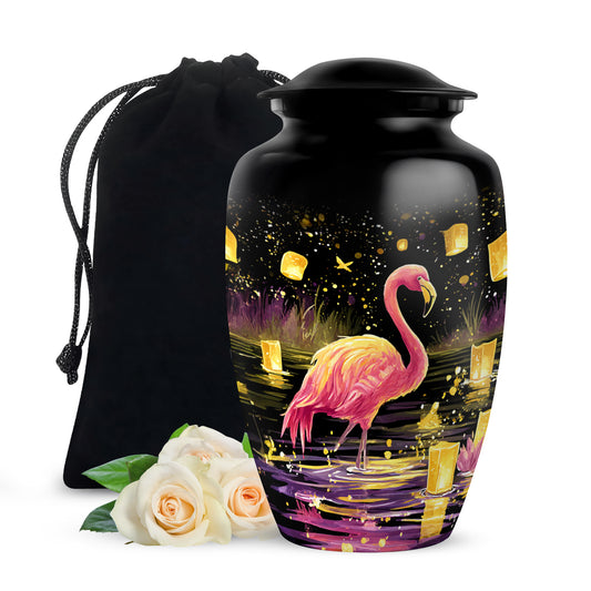 Onyx Black Flamingo Cremation Urn angled view of lid and engraved motif - elegant classic flamingo relief with fine detailing - full-size 10 inch 200 cubic inch adult cremation urn