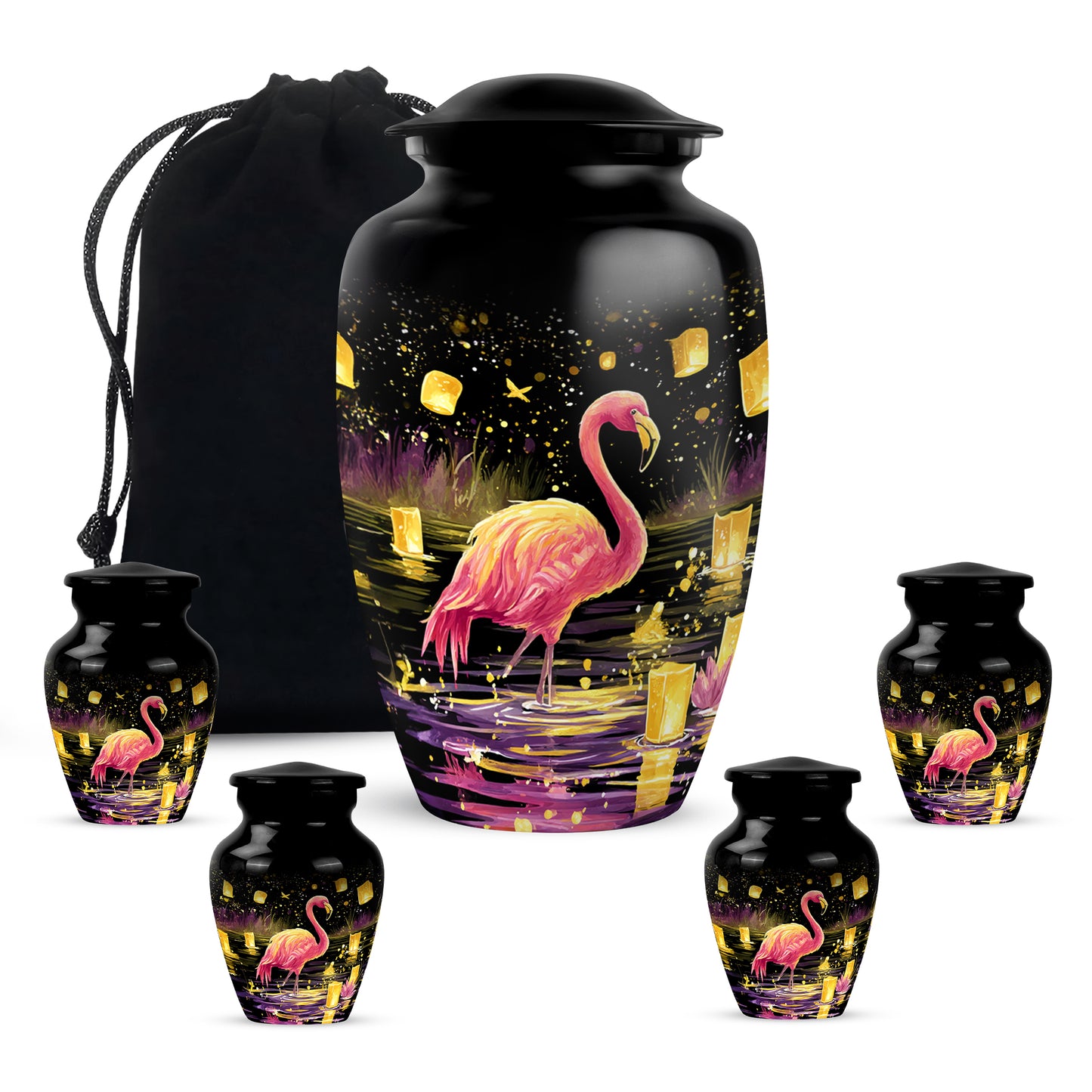Obsidian Black Flamingo Cremation Urn top-down view of secure threaded lid - traditional flamingo engraving with hand-polished finish - memorial set with one large and four small urns