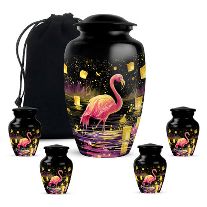 Obsidian Black Flamingo Cremation Urn top-down view of secure threaded lid - traditional flamingo engraving with hand-polished finish - memorial set with one large and four small urns