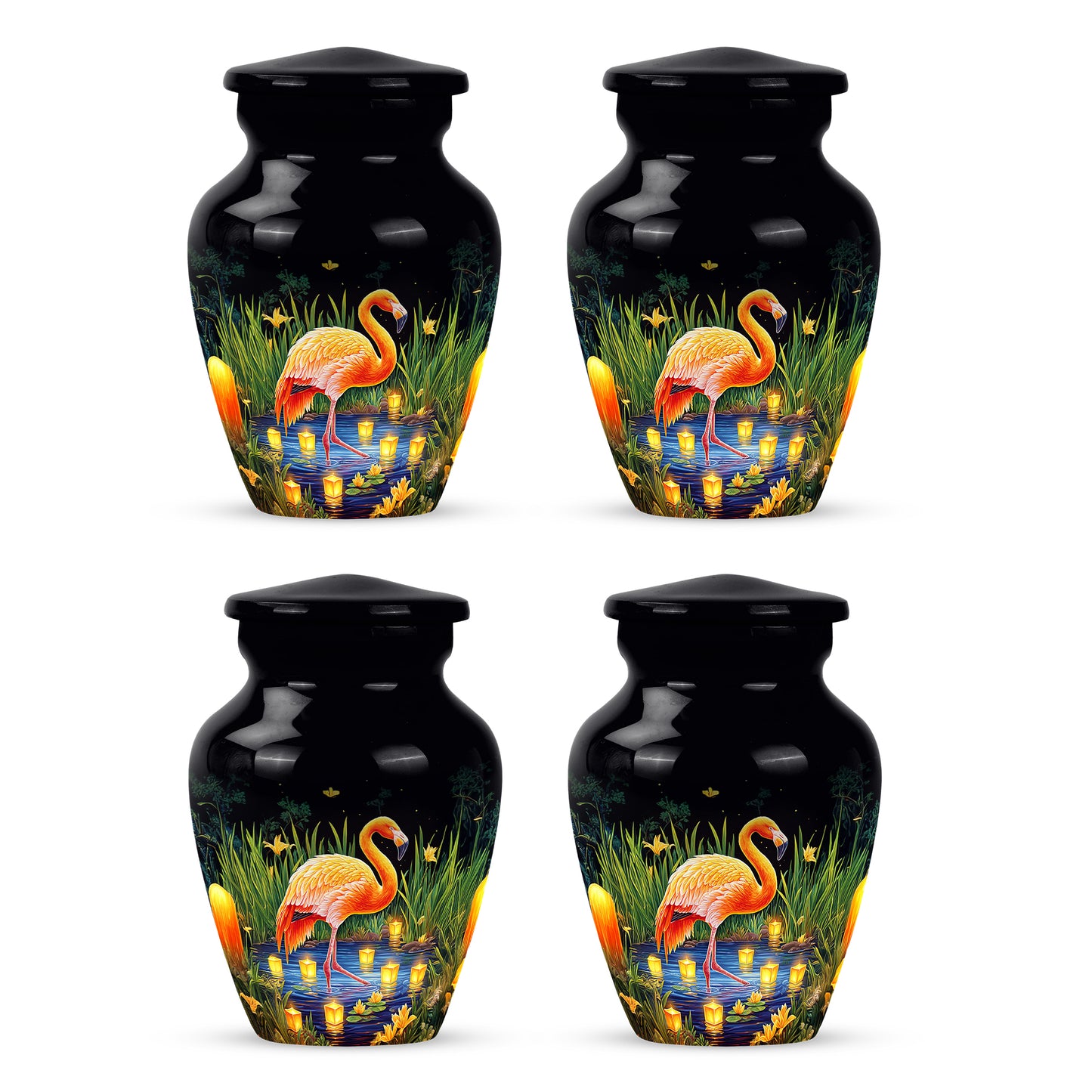 Rich Black Flamingo Cremation Urn side profile showing urn shape - timeless flamingo motif etched into premium metal - 10 inch aluminum urn for cremated remains