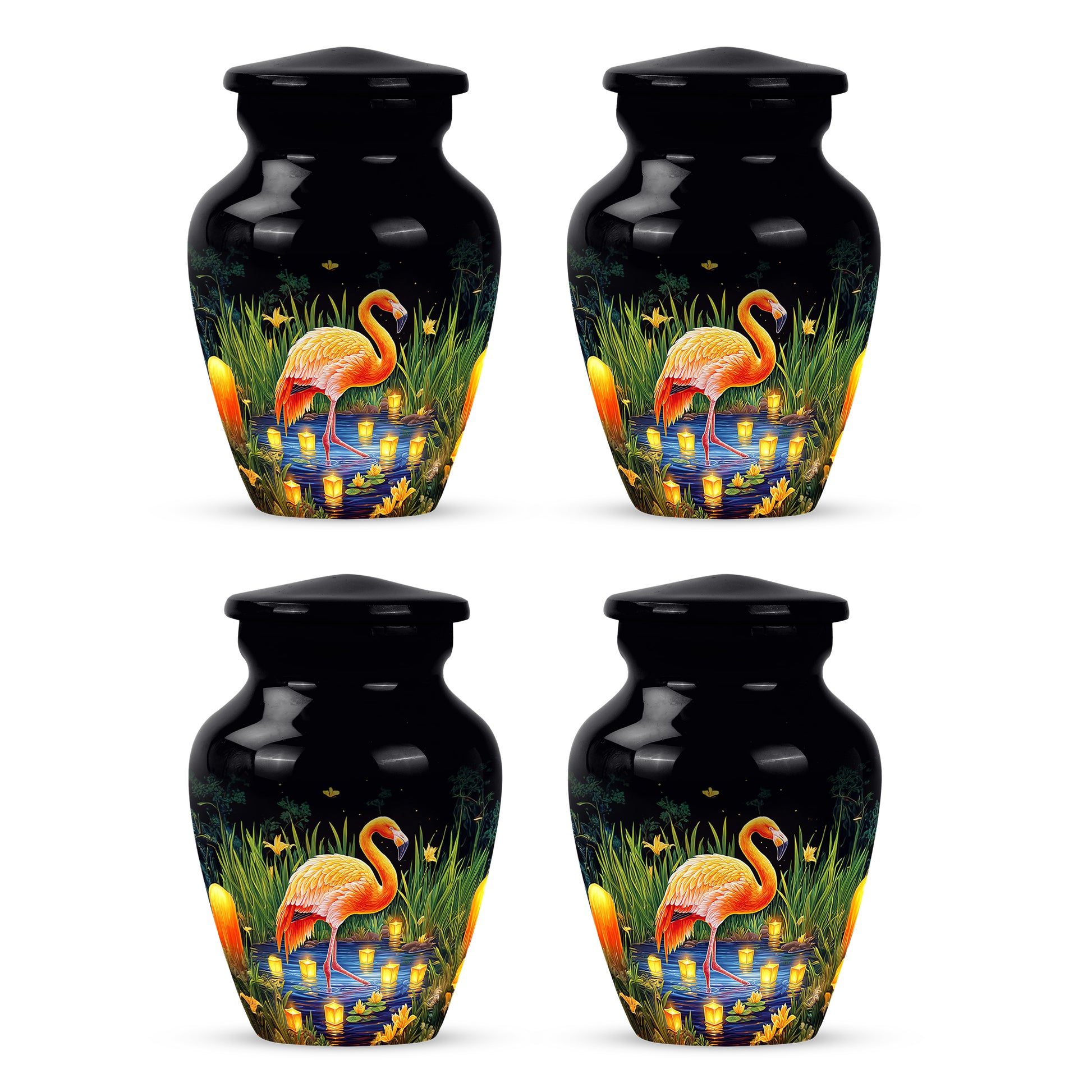 Rich Black Flamingo Cremation Urn side profile showing urn shape - timeless flamingo motif etched into premium metal - 10 inch aluminum urn for cremated remains