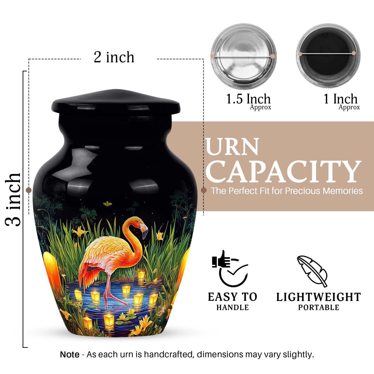 Onyx Black Flamingo Cremation Urn close-up of engraving and surface detail - elegant classic flamingo relief with fine detailing - mini keepsake memorial for portion of cremation ashes