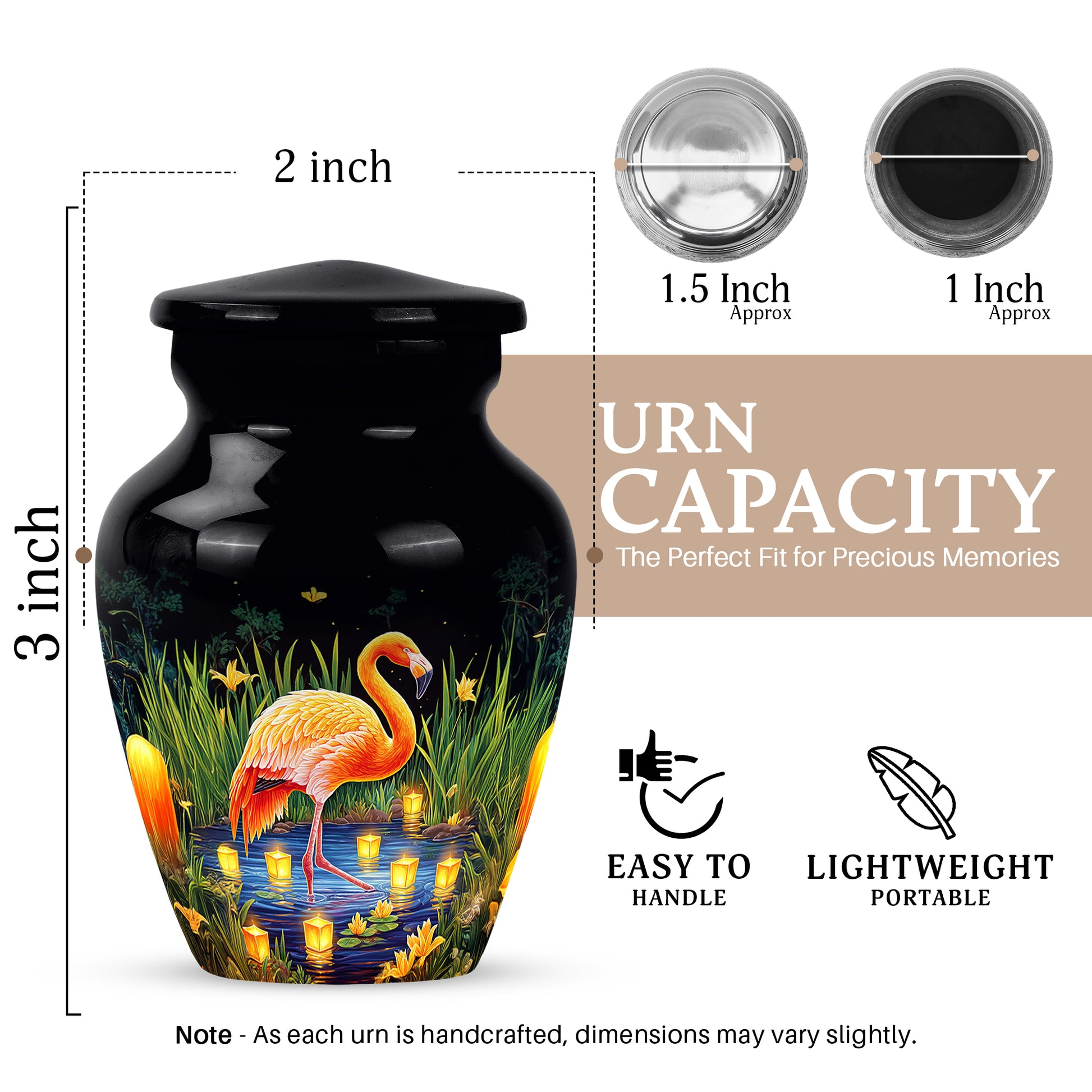 Onyx Black Flamingo Cremation Urn close-up of engraving and surface detail - elegant classic flamingo relief with fine detailing - mini keepsake memorial for portion of cremation ashes