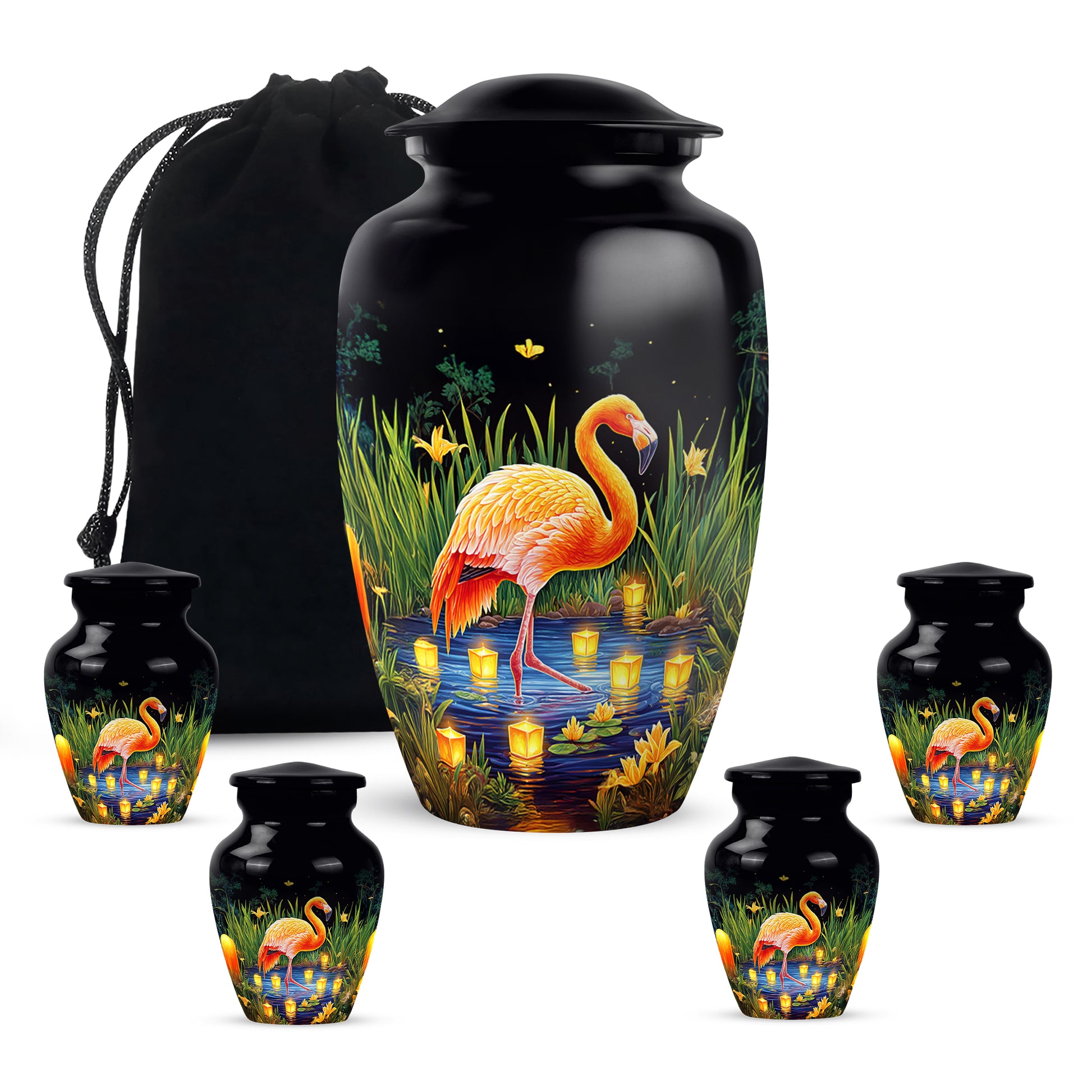 Midnight Black Flamingo Cremation Urn top-down view of secure threaded lid - traditional flamingo engraving with hand-polished finish - memorial set with one large and four small urns