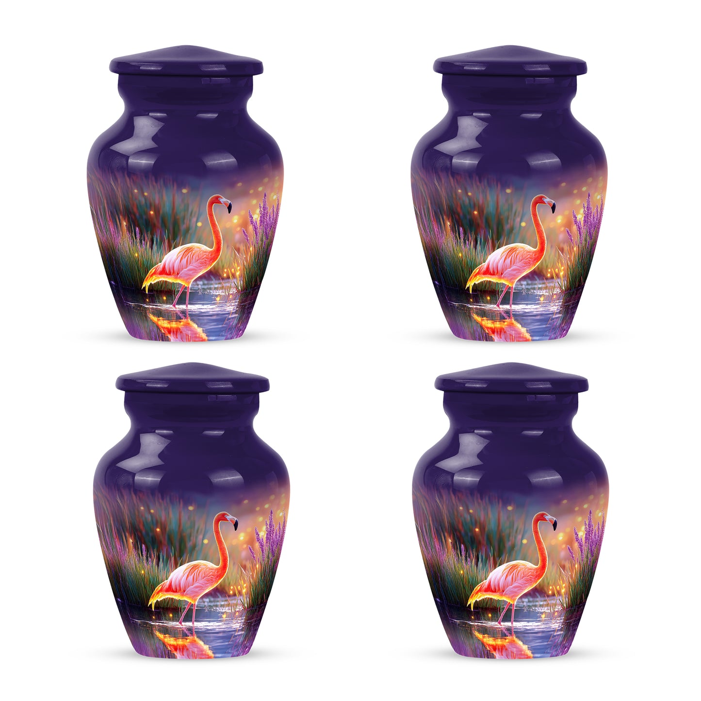 Indigo Flamingo Cremation Urn side profile showing urn shape - timeless flamingo motif etched into premium metal - 10 inch aluminum urn for cremated remains