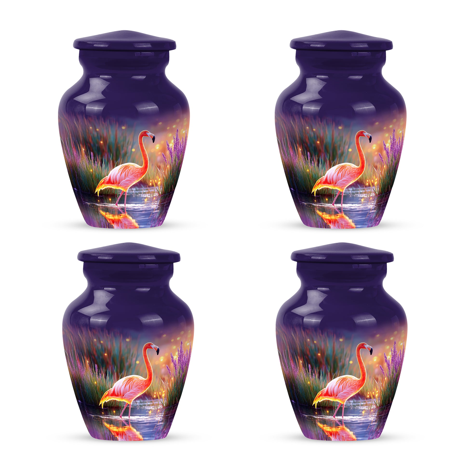 Indigo Flamingo Cremation Urn side profile showing urn shape - timeless flamingo motif etched into premium metal - 10 inch aluminum urn for cremated remains