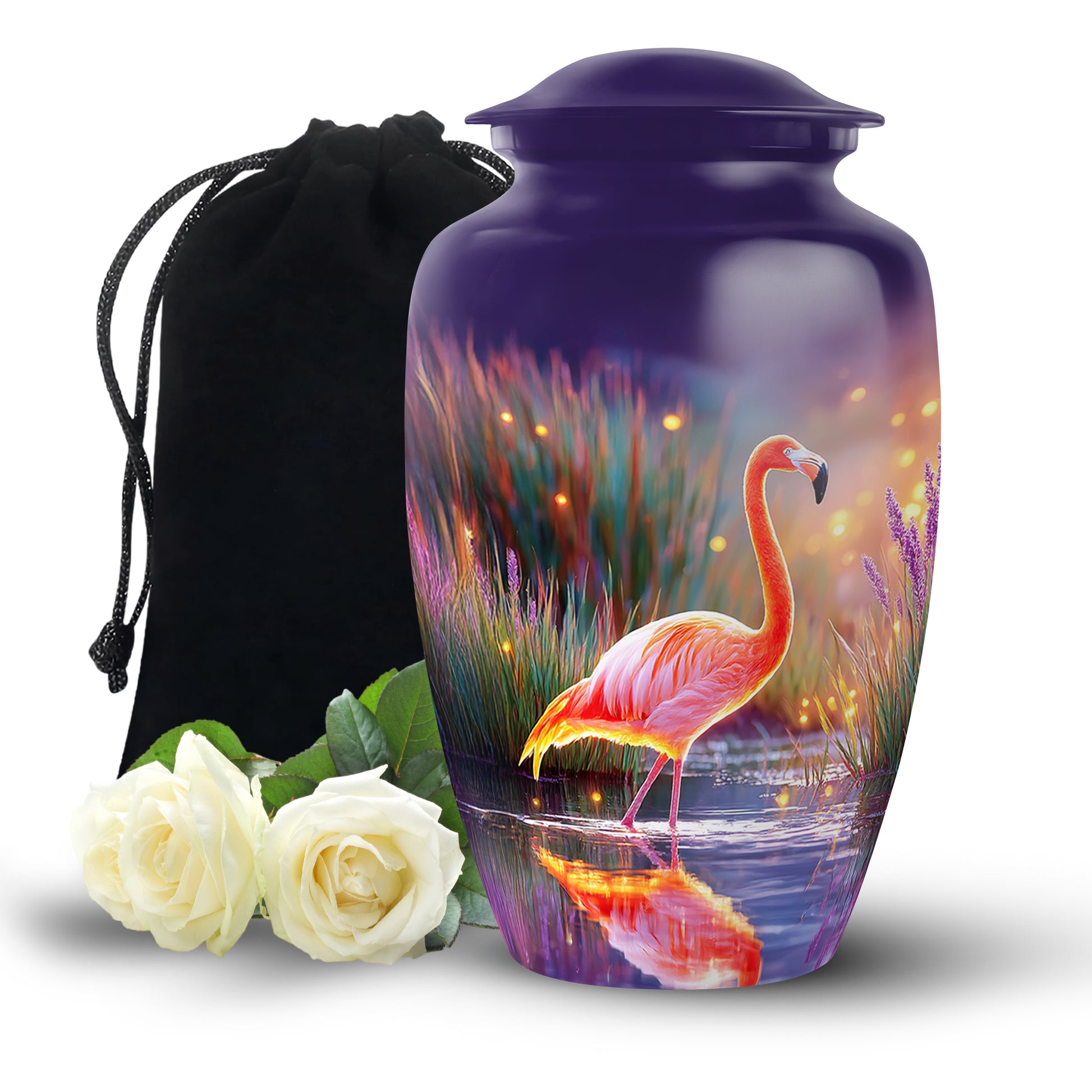 Sky Blue Flamingo Cremation Urn angled view of lid and engraved motif - timeless flamingo motif etched into premium metal - full-size 10 inch 200 cubic inch adult cremation urn