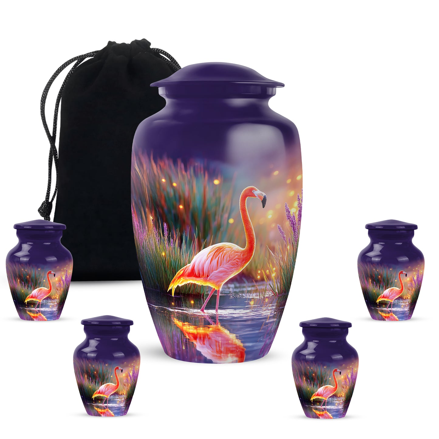 Soft Blue Flamingo Cremation Urn top-down view of secure threaded lid - elegant classic flamingo relief with fine detailing - memorial set with one large and four small urns