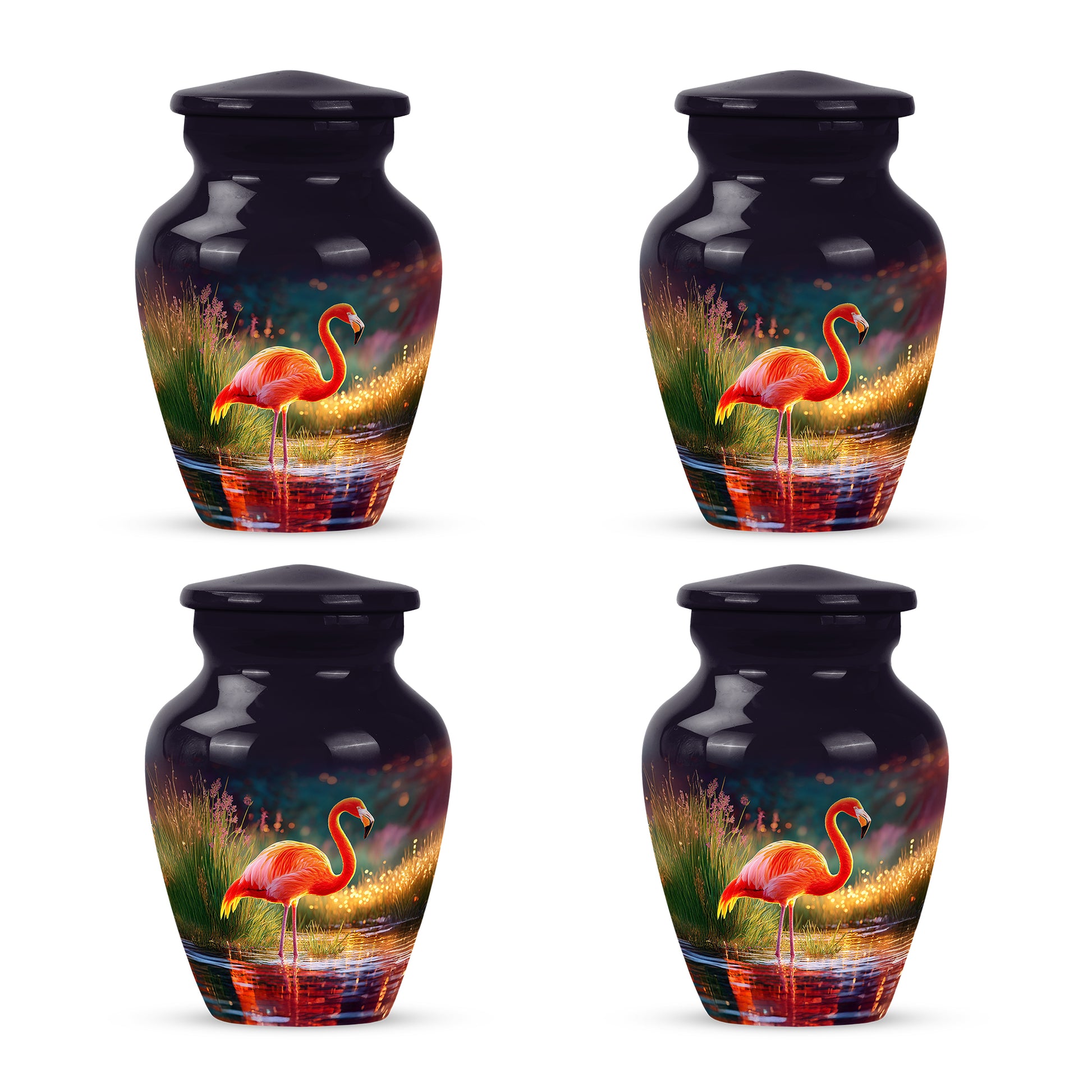 Deep Purple Flamingo Cremation Urn side profile showing urn shape - classic sculpted flamingo pattern on smooth aluminum - 10 inch aluminum urn for cremated remains
