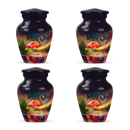 Deep Purple Flamingo Cremation Urn side profile showing urn shape - classic sculpted flamingo pattern on smooth aluminum - 10 inch aluminum urn for cremated remains