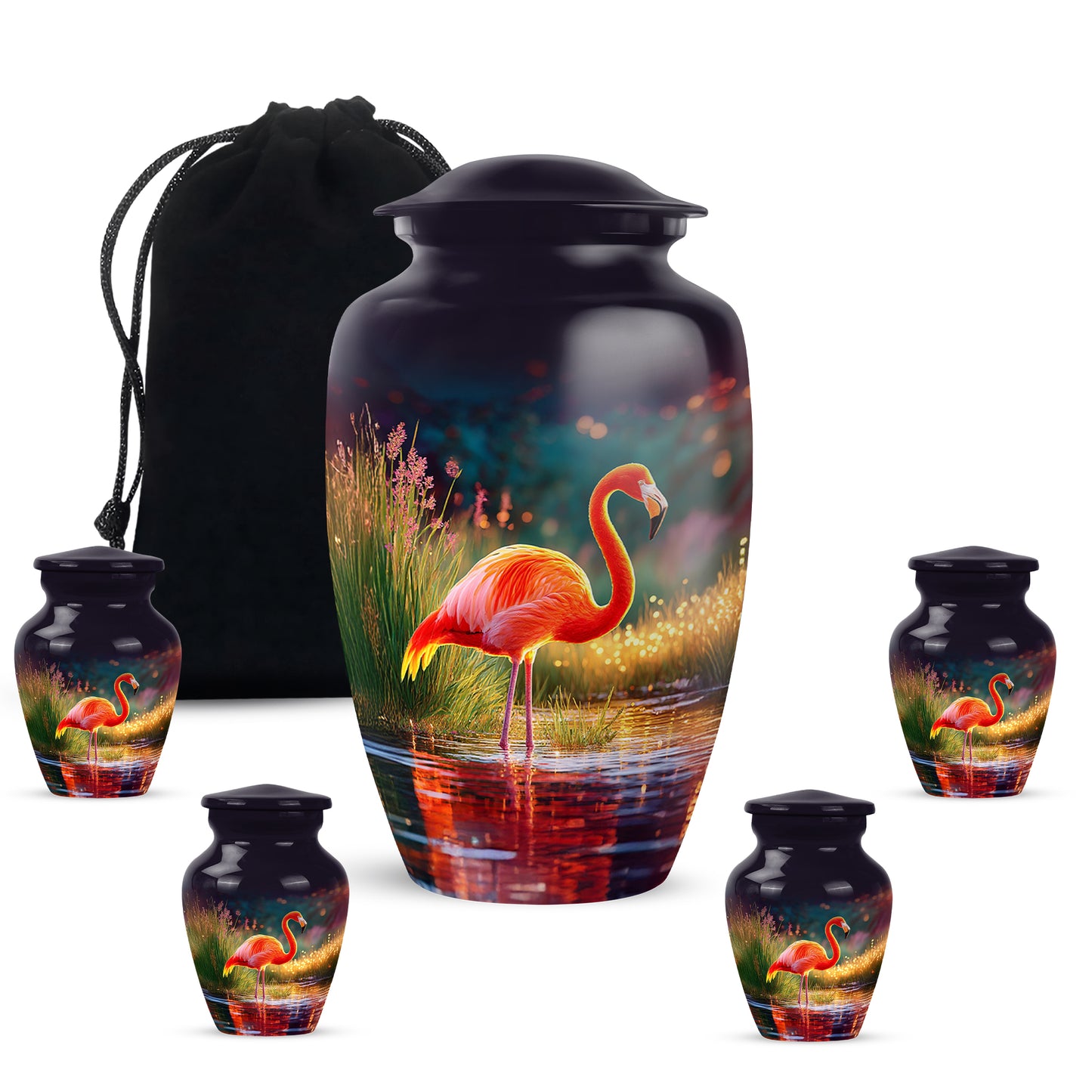 Lavender Purple Flamingo Cremation Urn top-down view of secure threaded lid - elegant classic flamingo relief with fine detailing - memorial set with one large and four small urns