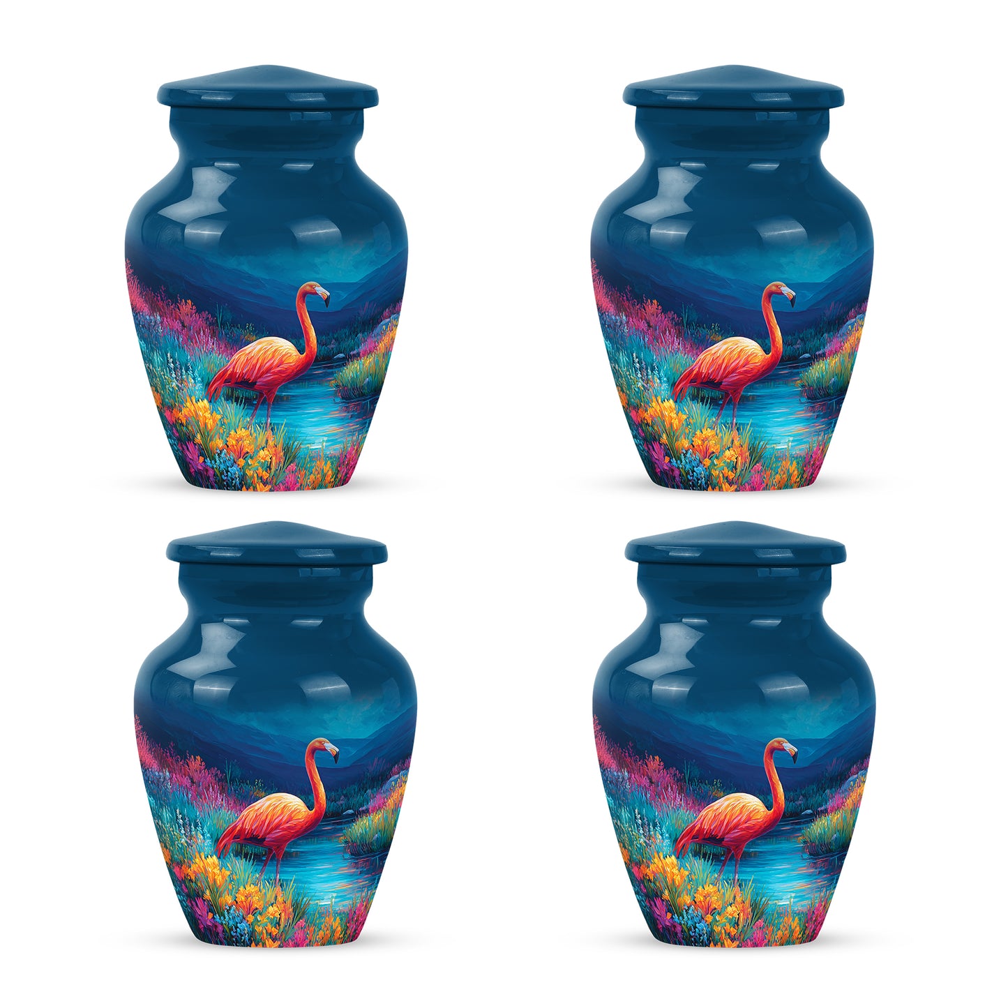 Powder Blue Flamingo Cremation Urn side profile showing urn shape - classic sculpted flamingo pattern on smooth aluminum - 10 inch aluminum urn for cremated remains
